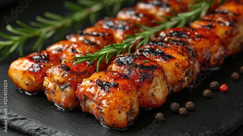 Grilled chicken skewers with rosemary on dark slate, close-up photo