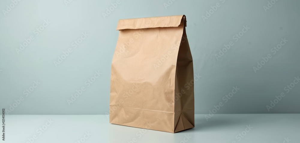 A simple brown paper bag stands on a light table. Shopping bag concept for grocery, food delivery, take-out, lunch, snack. Container ready for use, every day object in household. A simple brown paper bag stands on a light table. Shopping bag concept for grocery, food delivery, take-out, lunch, snack. Container ready for use, every day object in household.
