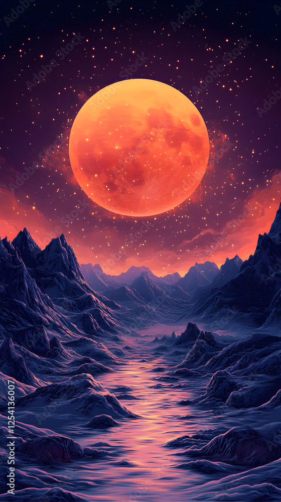 Fototapeta premium <Surreal Moonlit Landscape: Majestic Mountains and Orange Moon Reflecting in Tranquil Waters Under a Starry Sky>