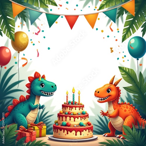 Cute dinosaurs celebrate birthday with cake, gifts, balloons and confetti. Festive jurassic era party with cheerful dino characters, streamers, jungle leaves. Happy birthday background.