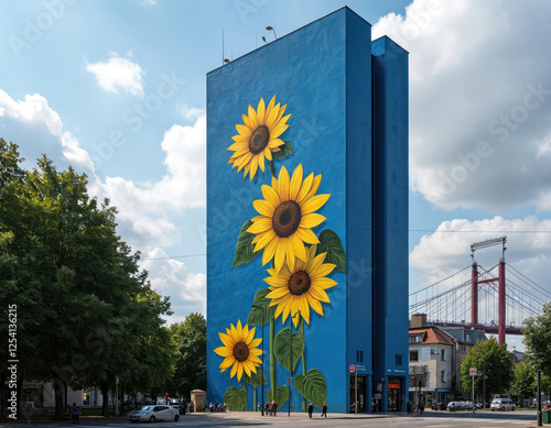 Blue skyscraper painted with oversized sunflower blossoms in Wuppertal Oberbarmen. Suspension railroad background. Tower block wallpainting demonstrates modern art in urban style.