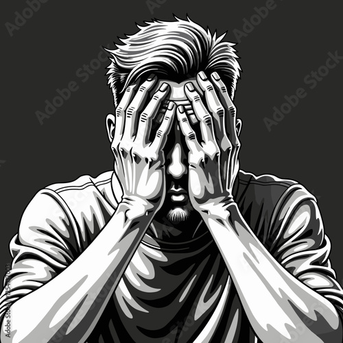 Man expressing frustration while covering his face against dark background, emotional struggle