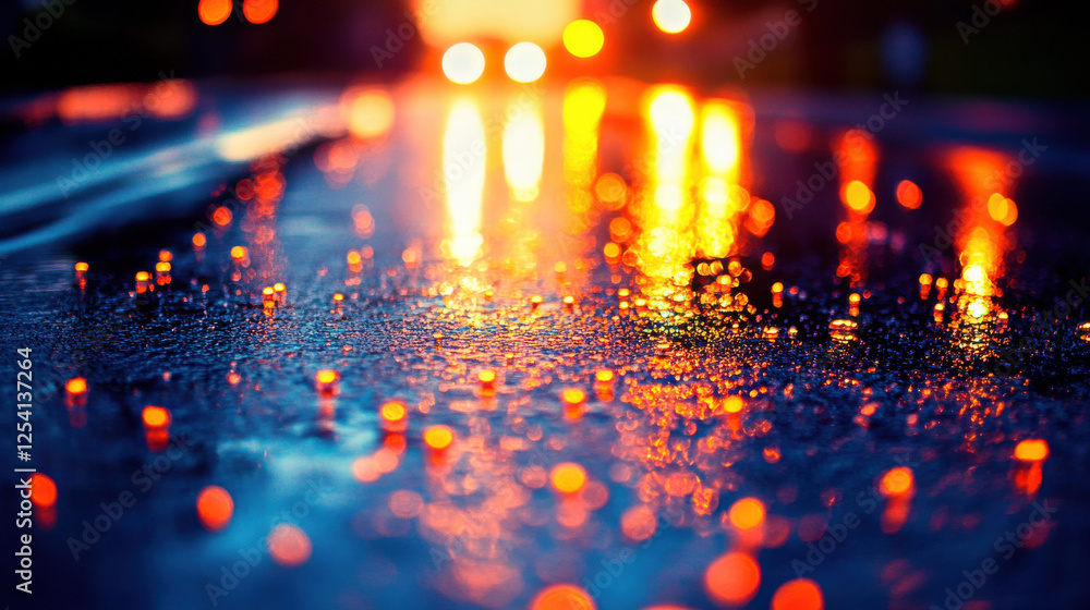 A cinematic macro shot of raindrops scattered across a wet asphalt surface, shimmering under the golden twilight A cinematic macro shot of raindrops scattered across a wet asphalt surface, shimmering under the golden twilight