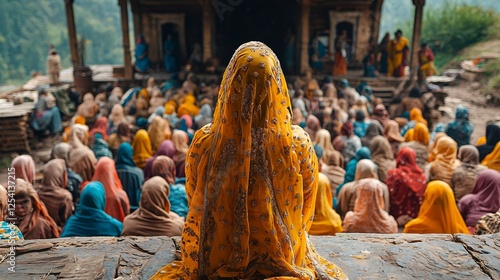 Religious festival Indo Pak rural village lower caste individuals standing edge of gathering watching from a distance while upper caste participants perform the rituals in vibrant traditional attire