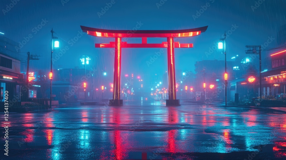 custom made wallpaper toronto digitalA vibrant torii gate illuminated in a rainy urban setting at night.