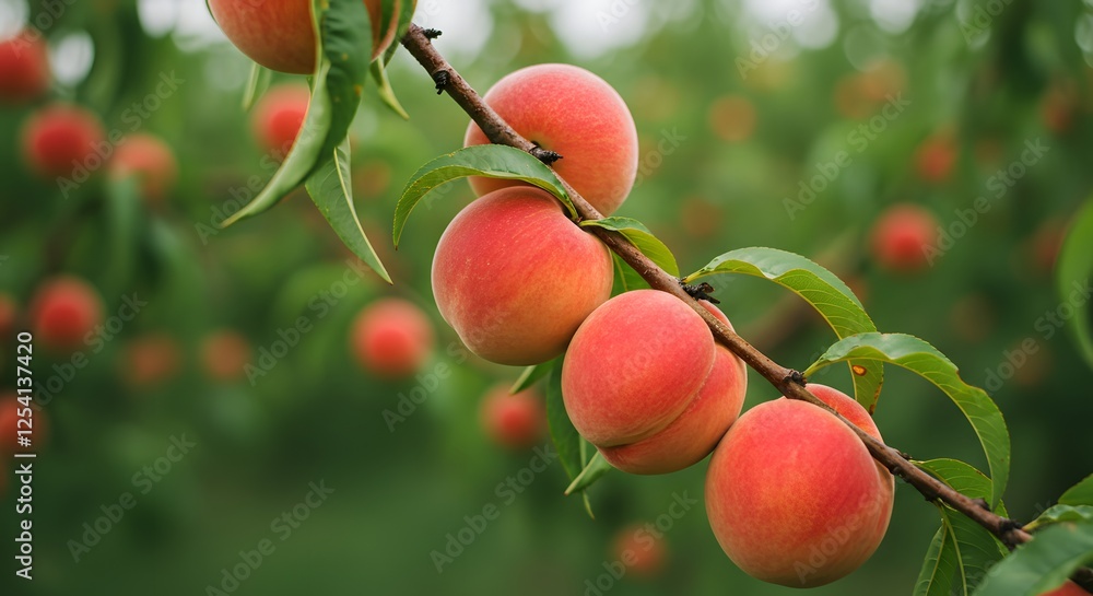 Obraz premium Harvesting Ripe Peaches on a Branch in an Orchard Setting