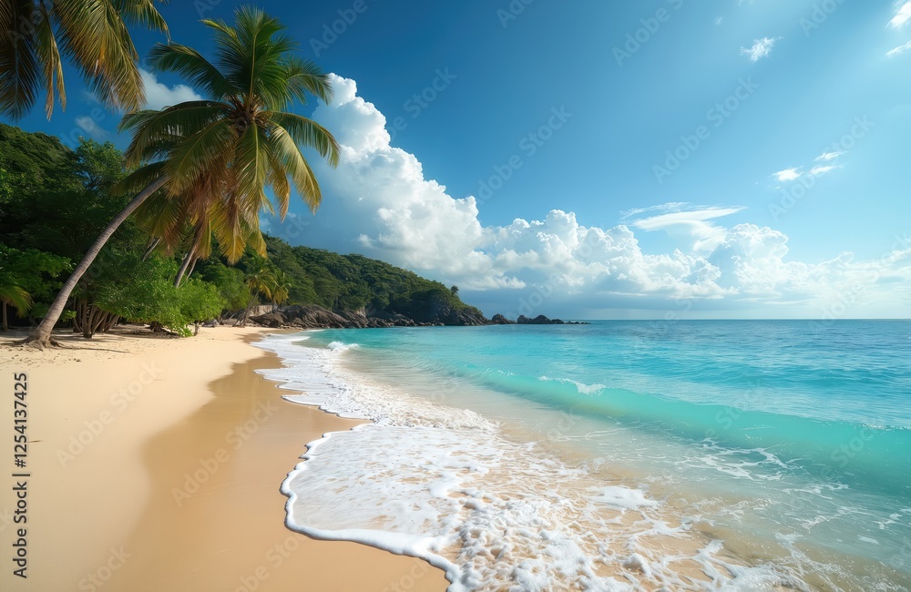 Scenic view of small cove in Le Gosier shore. Caribbean turquoise sea with white sand beach, palm trees, green tropical forest on island. Summer vacation paradise. Scenic view of small cove in Le Gosier shore. Caribbean turquoise sea with white sand beach, palm trees, green tropical forest on island. Summer vacation paradise.