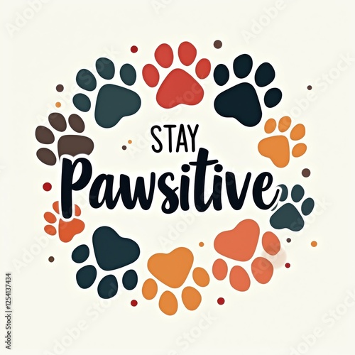 Visual illustration. Stay Pawsitive quote composition with colorful dog paw prints arranged in round shape. Positive message, pet related design. Cute, playful style. Use for prints, decor. photo