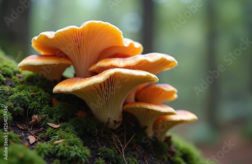 Turkey tail mushrooms grow on mossy log in wild nature. Vibrant orange, beige fungal plant used for culinary or medical purposes. Close up organic remedy. photo