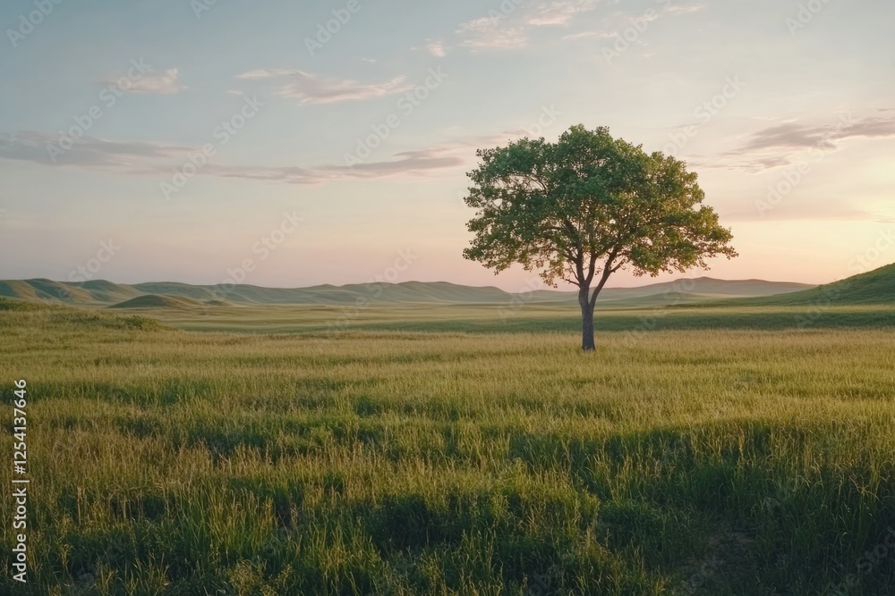Lone tree stands majestically in the serene landscape during golden hour at sunset