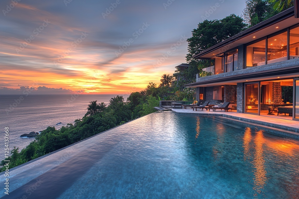 Fototapeta premium Luxurious modern house with an infinity pool and ocean view at sunset, featuring white walls and wood details