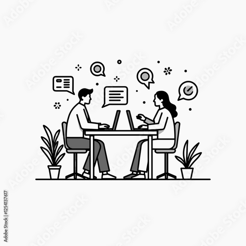 Two professionals engaging in dialogue at a workspace table, teamwork