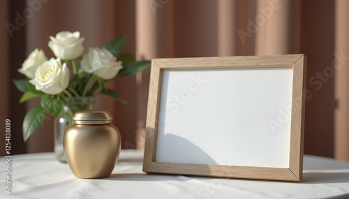 Elegant urn and empty frame with roses on table