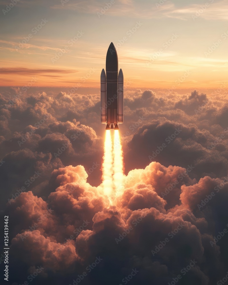Fototapeta premium Space Rocket Flying Toward the Clouds as a Believable Icon for Success Concepts