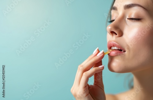 Wallpaper Mural Beautiful woman applies vitamin E oil from capsule to face. Demonstrates skincare, rejuvenation and radiant complexion with natural beauty treatment for facial care routine. Torontodigital.ca