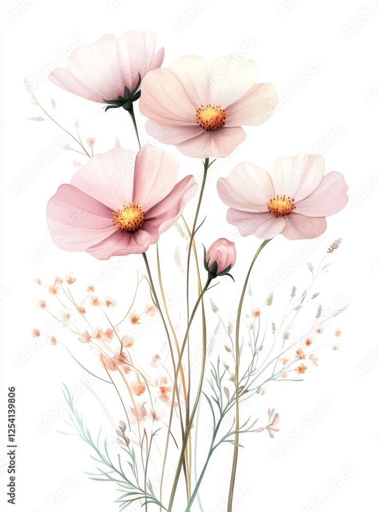 Naklejka premium Pastel cosmos bouquet, floral design, white background, greeting card