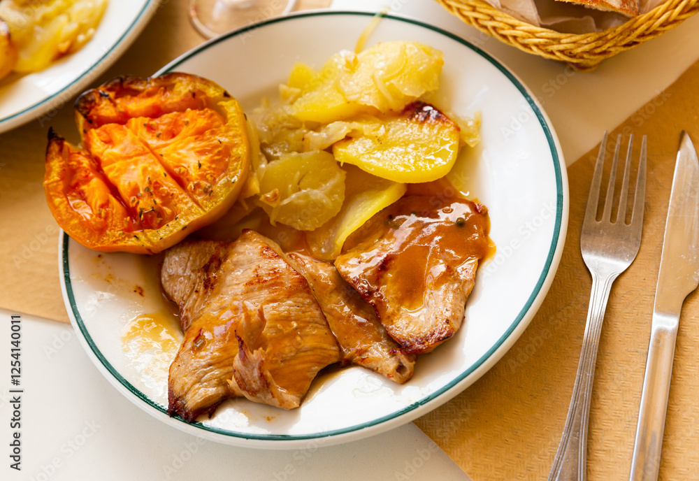 Appetizing pork in sauce with baked potatoes and grilled tomato Appetizing pork in sauce with baked potatoes and grilled tomato