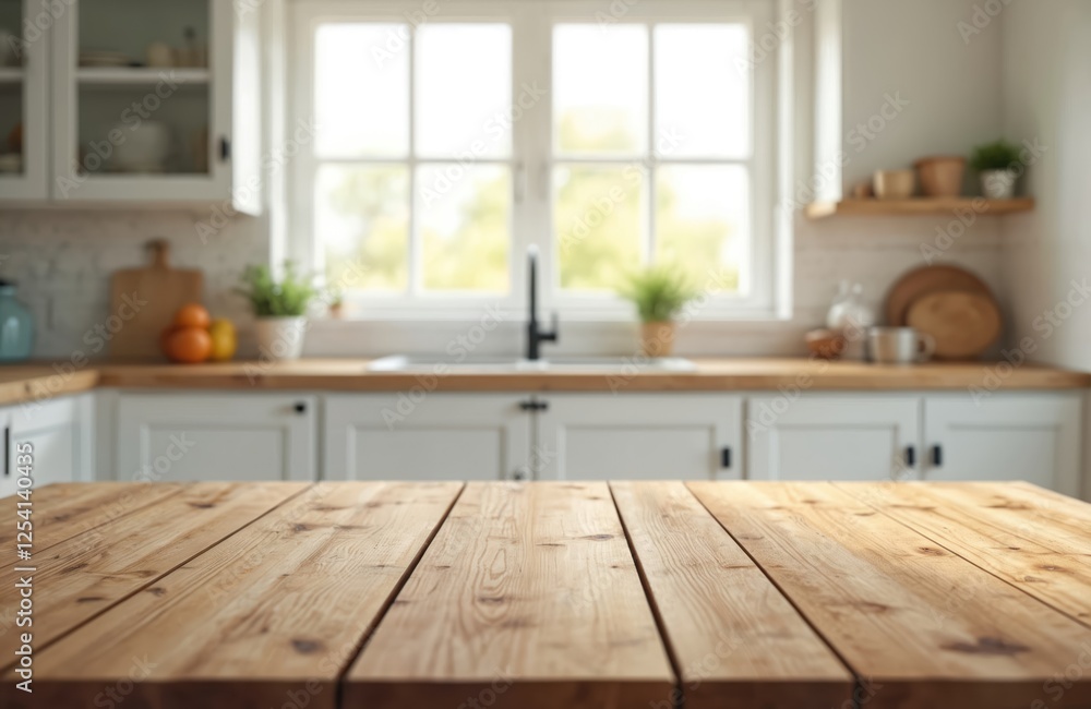 Empty wooden table top on blurry kitchen background. Wood counter surface. Modern clean white design. Kitchen interior with furniture appliance, utensils, cozy home decor. Empty wooden table top on blurry kitchen background. Wood counter surface. Modern clean white design. Kitchen interior with furniture appliance, utensils, cozy home decor.