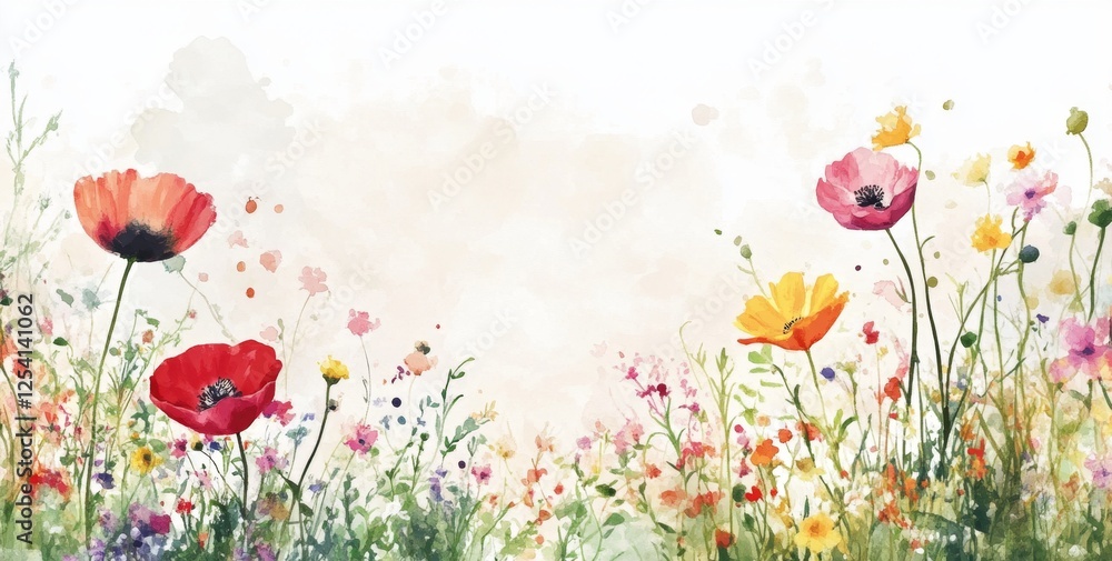 Fototapeta premium Watercolor Wildflowers Meadow Spring Floral Background