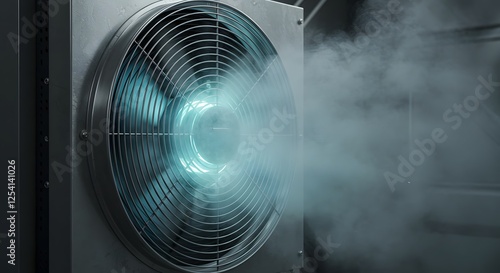 Industrial Cooling Fan with Vapor Mist Emitting Outwards in Dark Setting