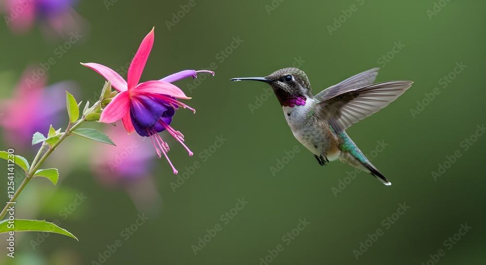 Obraz premium Colibrí volando para recoger el néctar de una hermosa flor. 