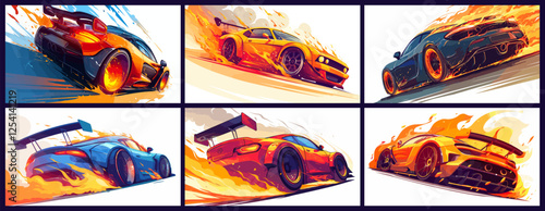 Race cars on fire poster. Speed and power, success concept. Automobile engine vector illustration