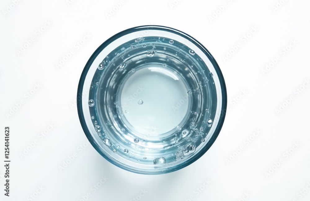 Top-down view of clear aqua water in glass isolated on white background. Refreshing purified thirst quenching drink with air bubbles. Liquid purity, source of hydration. Summer beverage. Top-down view of clear aqua water in glass isolated on white background. Refreshing purified thirst quenching drink with air bubbles. Liquid purity, source of hydration. Summer beverage.