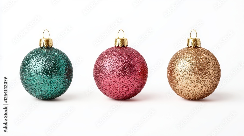 Three glittering Christmas ornaments in green, red, and gold arranged in a row, adding festive cheer to holiday decorations. Three glittering Christmas ornaments in green, red, and gold arranged in a row, adding festive cheer to holiday decorations.