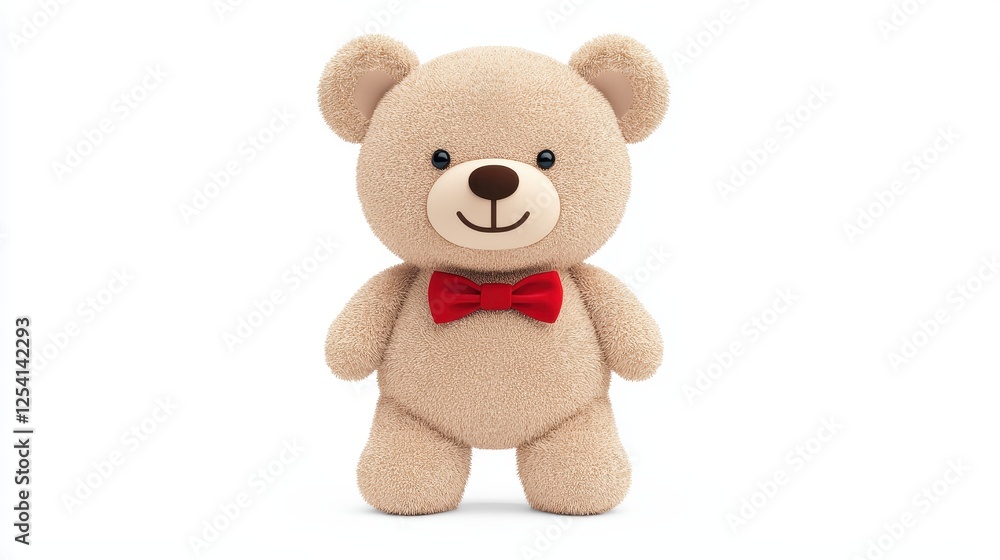 Fototapeta premium A cute teddy bear with a friendly smile, wearing a red bow tie, perfect for cuddling or gifting.