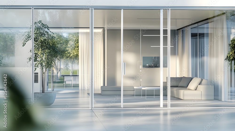 Fototapeta premium A glass-walled smart home with AI-controlled temperature, a modern sofa, and a white frame.