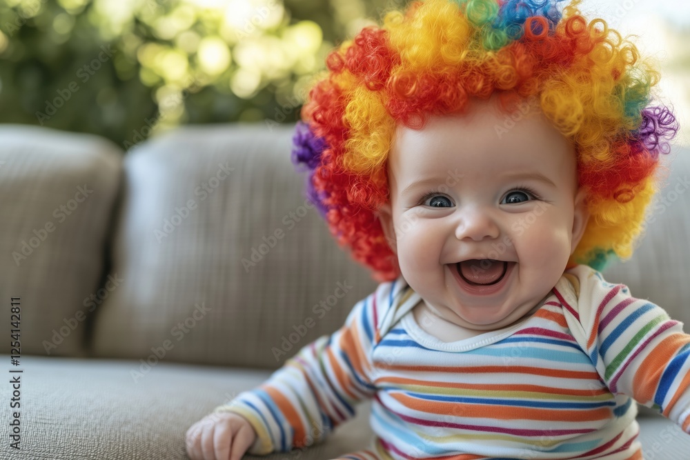Fototapeta premium A joyful baby wearing a rainbow-colored wig, sitting on a couch and smiling brightly.