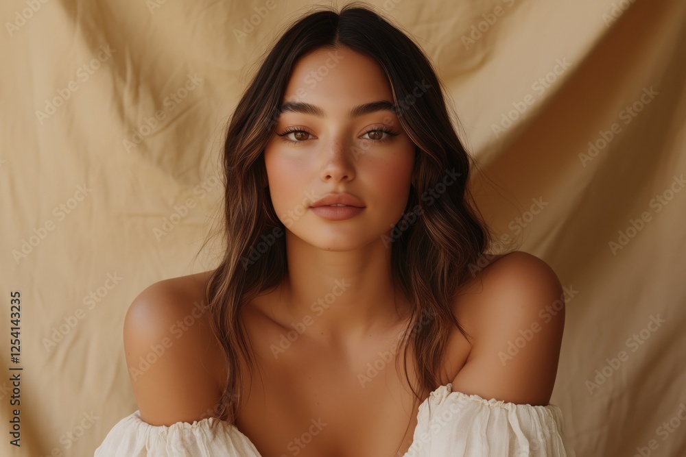 A young woman with long hair and natural makeup posing against a beige background. A young woman with long hair and natural makeup posing against a beige background.