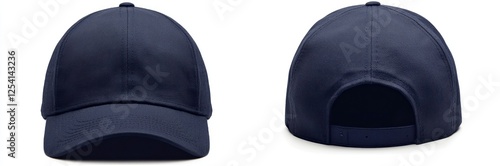 Navy blue baseball cap mockup, front and back views, white background, design template