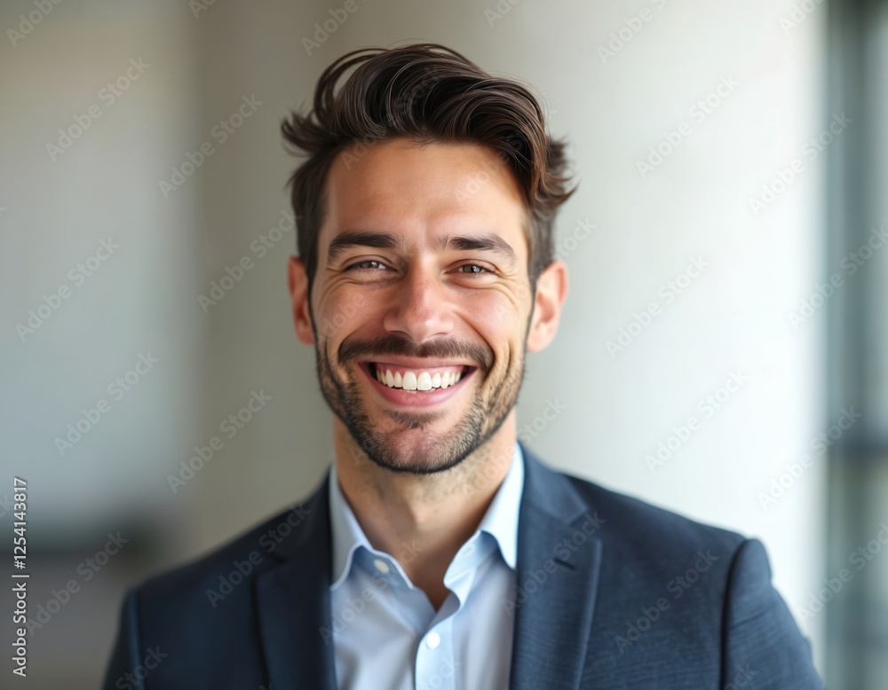 Handsome bearded businessman smiles. Confident man in suit at work. Successful manager portrait. Leader laughs with teeth. Male entrepreneur in good mood is happy. Handsome bearded businessman smiles. Confident man in suit at work. Successful manager portrait. Leader laughs with teeth. Male entrepreneur in good mood is happy.
