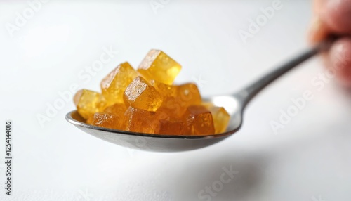 Close-up view of amber-colored crystalline cannabis extract diamonds on a silver spoon against a minimalist white background. Cannabis live resin concentrate, terpene rich marijuana product. photo