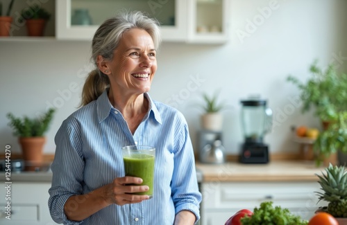 Smiling middle aged woman with smoothie in kitchen. Healthy dieting, eating, cooking for natural anti aging, weight loss program. Vegan, vegetarian diet beverage. photo