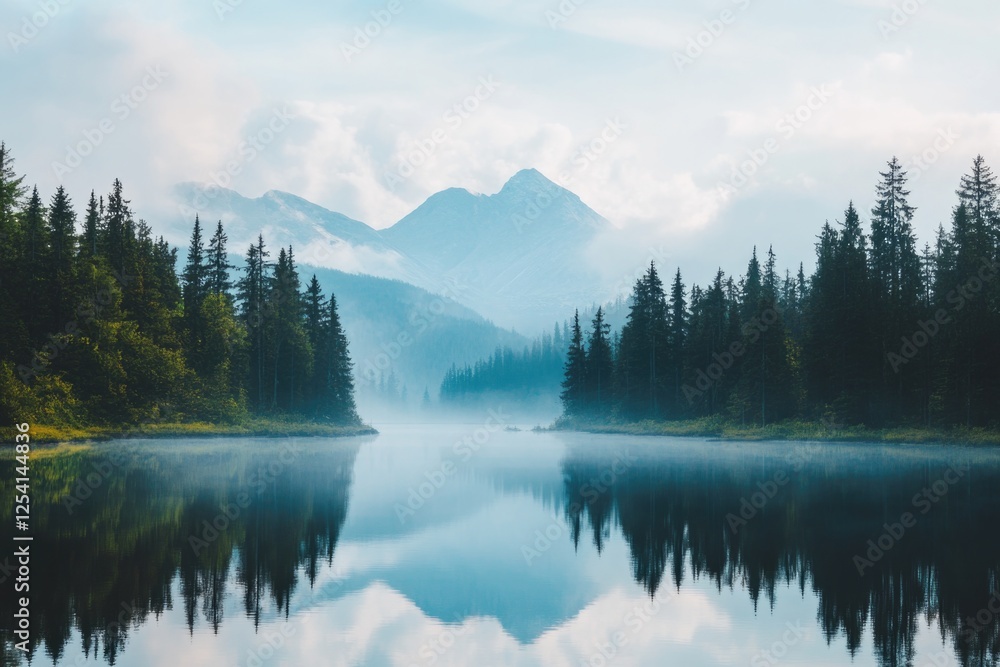 An ethereal view of a lake surrounded by mist-covered mountains, creating a harmonious scene where reflection and tranquility come together in perfect balance of nature's beauty. An ethereal view of a lake surrounded by mist-covered mountains, creating a harmonious scene where reflection and tranquility come together in perfect balance of nature's beauty.