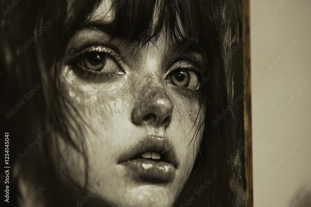This captivating close-up reveals the haunting beauty of a young woman with striking features and a mysterious expression, invoking deep emotional responses. This captivating close-up reveals the haunting beauty of a young woman with striking features and a mysterious expression, invoking deep emotional responses.