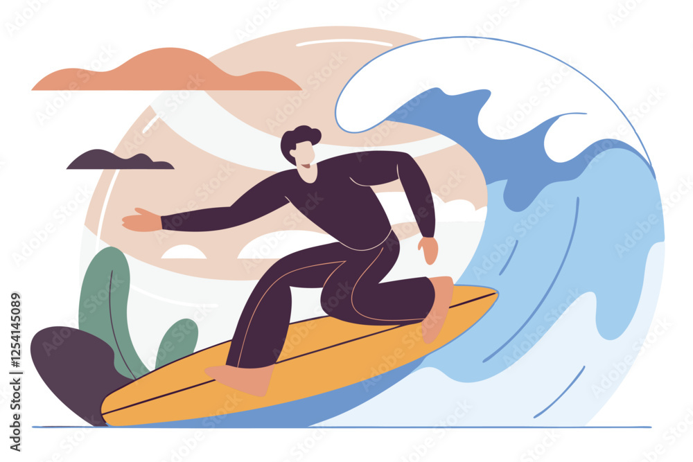 Young man balancing on a surfboard riding the wave. Water sport. Summer vacation. Tropical resort Young man balancing on a surfboard riding the wave. Water sport. Summer vacation. Tropical resort