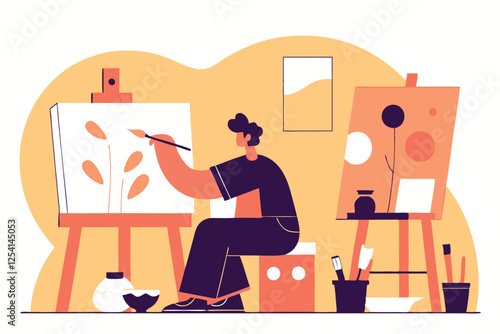 Young man in the art studio painting picture. Vector illustration