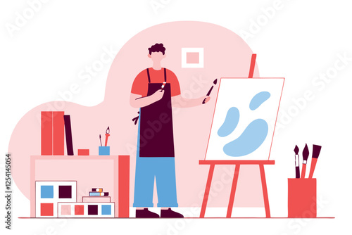 Young man in the art studio painting picture. Vector illustration