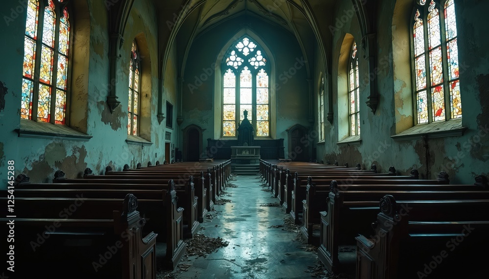 Fototapeta premium Creepy old church interior with stained glass windows evokes chilling atmosphere. Abandoned decrepit cathedral filled with ominous mystery, ghost shadows, place of terror. Interior view of ancient