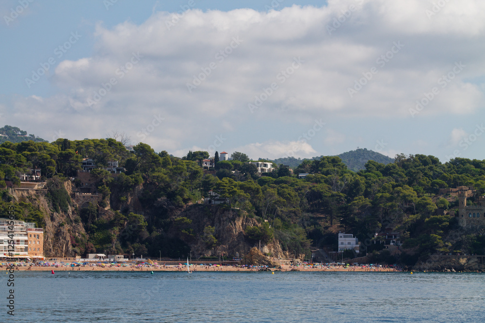 Naklejka premium Scenic Beach View with Lush Green Hills