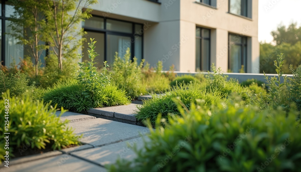 Obraz premium Modern building with green rooftop garden. Eco friendly architecture, landscaping. Sustainable greening of city, enhance nature in urban environment for better climate.