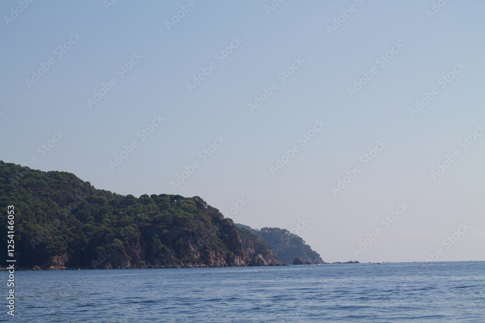 Fototapeta premium Serene Coastal View with Rocky Shoreline and Lush Hills