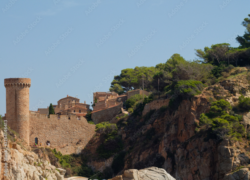 Fototapeta premium Coastal Castle with Tower and Lush Greenery