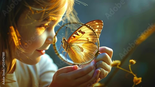 the child looks into the magnifying glass at the butterfly