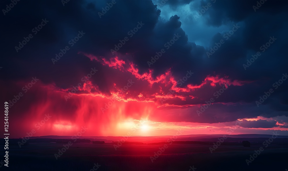 Dramatic sunset with dark clouds and red light over a field landscape Dramatic sunset with dark clouds and red light over a field landscape