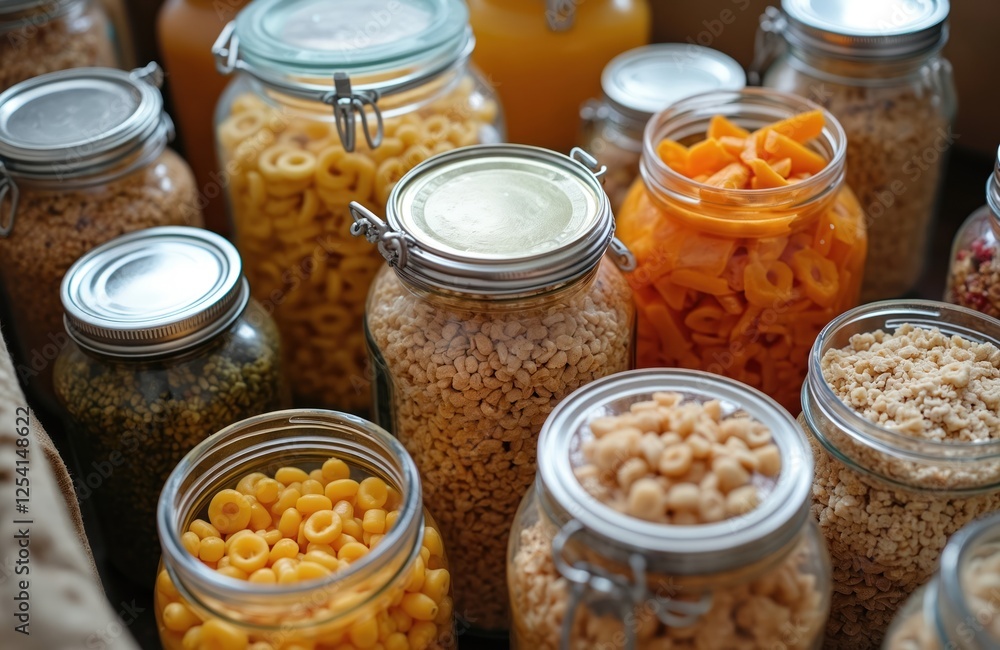 Variety of grains, cereals, pasta in glass jars for food security. Long-term nourishment ingredients stored at home. Food reserves for nuclear war or epidemic. Variety of grains, cereals, pasta in glass jars for food security. Long-term nourishment ingredients stored at home. Food reserves for nuclear war or epidemic.