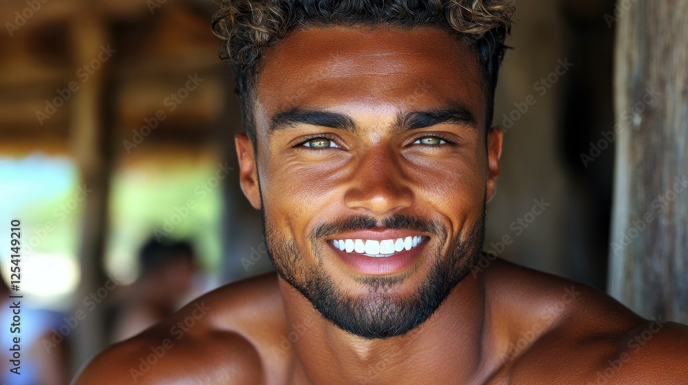 A man with a beard and a smile is smiling at the camera. He has a green eye and is wearing a white shirt A man with a beard and a smile is smiling at the camera. He has a green eye and is wearing a white shirt